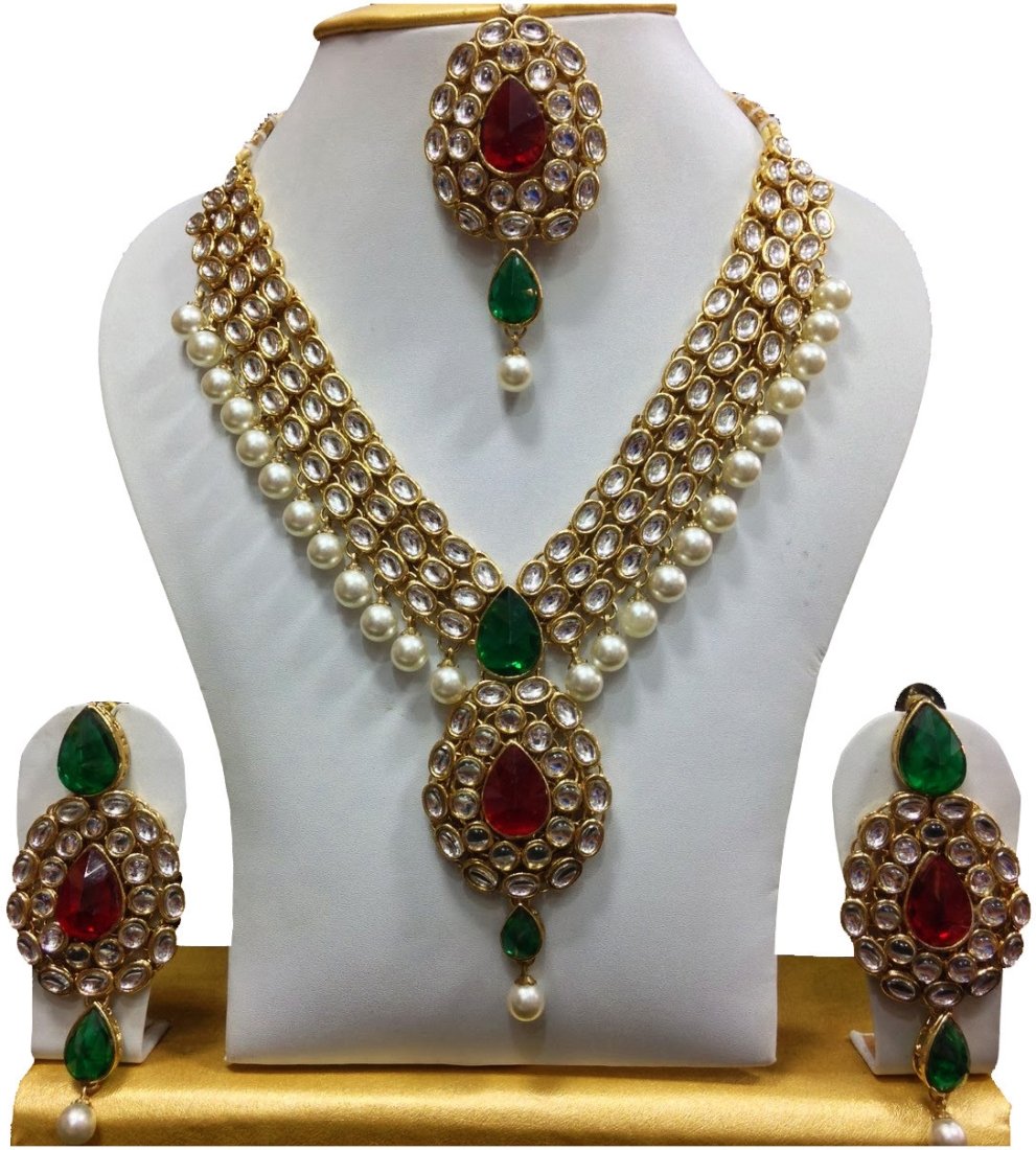 Kundan Pearl Necklace Set with Maang Tikka and Earring